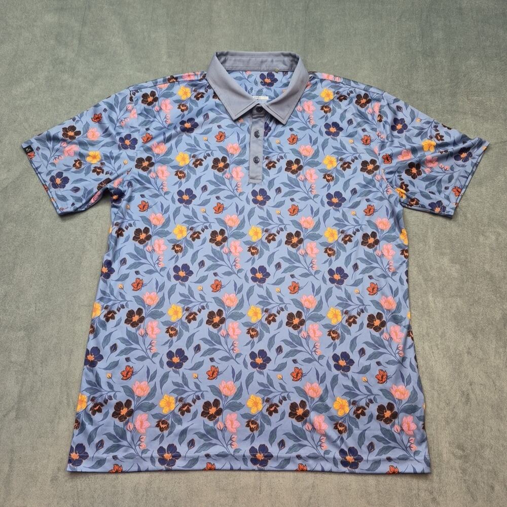 Swannies Golf Polo Mens M Blue Floral Print All Over Performance Shirt